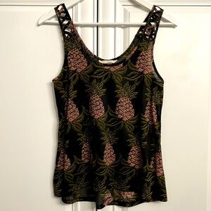 H&M Women’s Sz XS Tank Top Black with Pink & Green Pineapples Cutout Shoulders